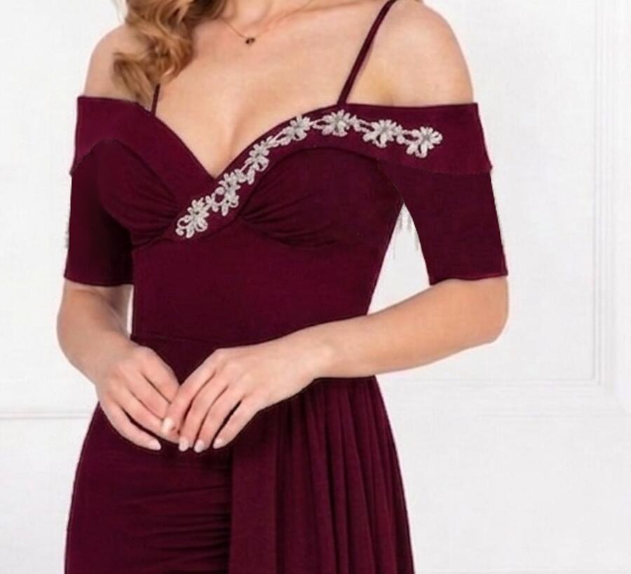 0982B Dress with slit and side panel with open sweetheart neckline