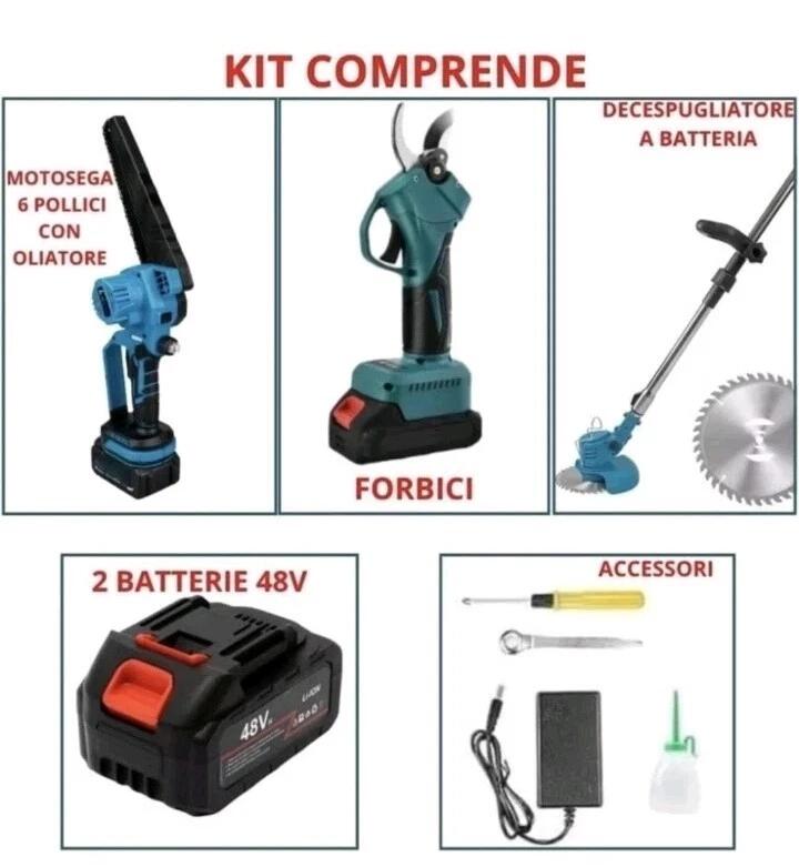 KIT POTATURA 3 IN 1 CON FORBICE ELETTRICA + MINI MOTOSEGA+ DECESPUGLIATORE+2 BATTERIE 48V