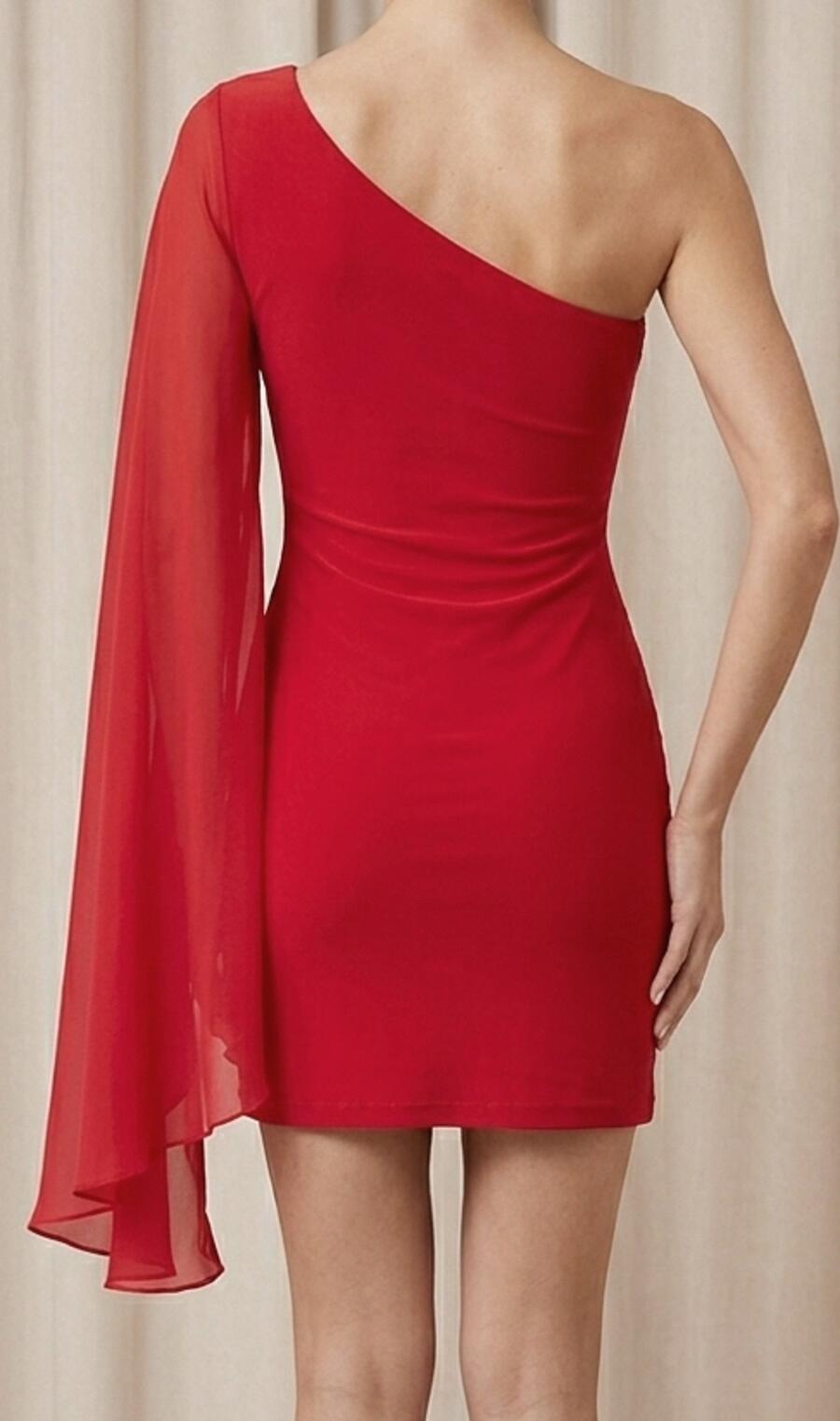 1061 Tubino rosso ciliegia in jersey elastico con strass e manica in chiffon