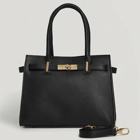 Borsa in vera pelle con tracolla e accessori dorati NERO