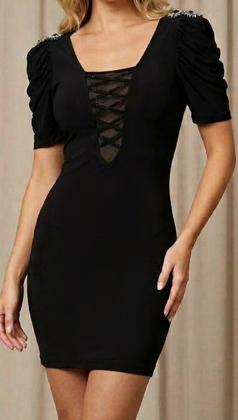 1062 Tubino nero in jersey elastico con dettagli in tulle trasparente linea Disco