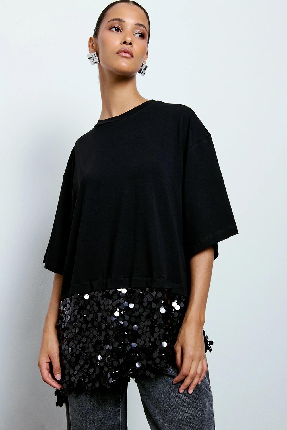 Two Way T-shirt Asimmetrica Con Paillettes Nero