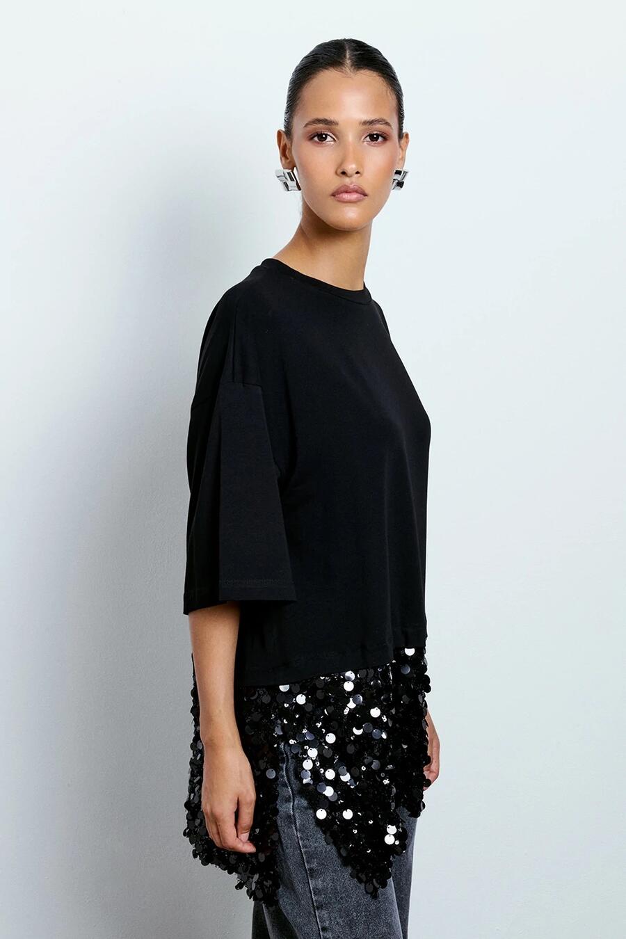 Two Way T-shirt Asimmetrica Con Paillettes Nero