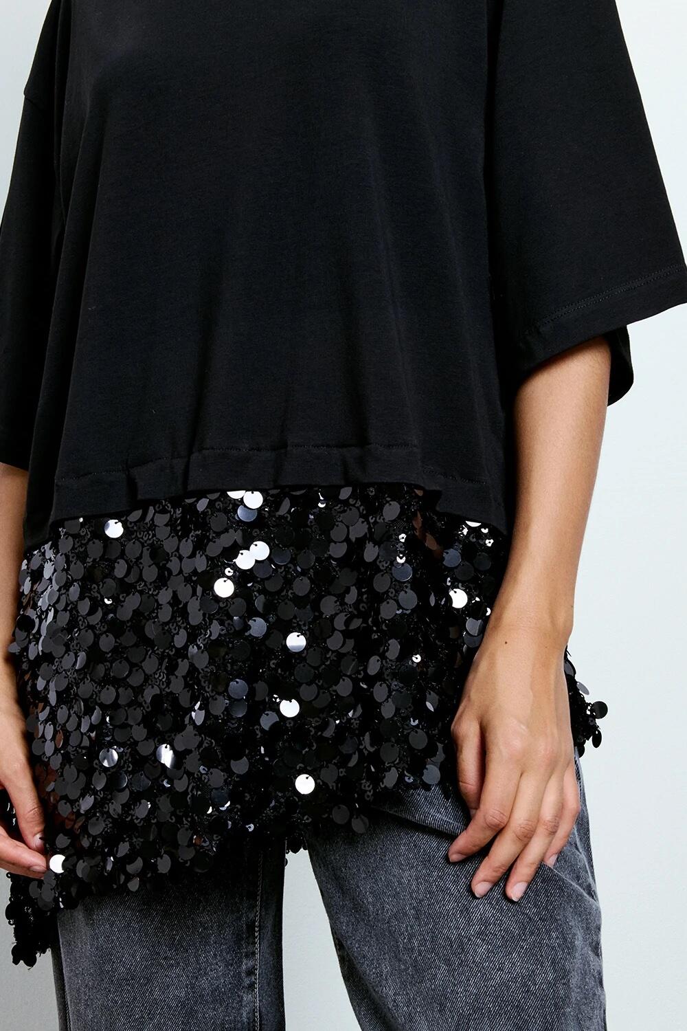 Two Way T-shirt Asimmetrica Con Paillettes Nero