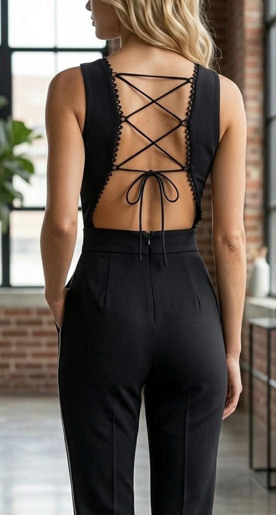 1064 Tuta in crepe elastica aderente con schiena scollata