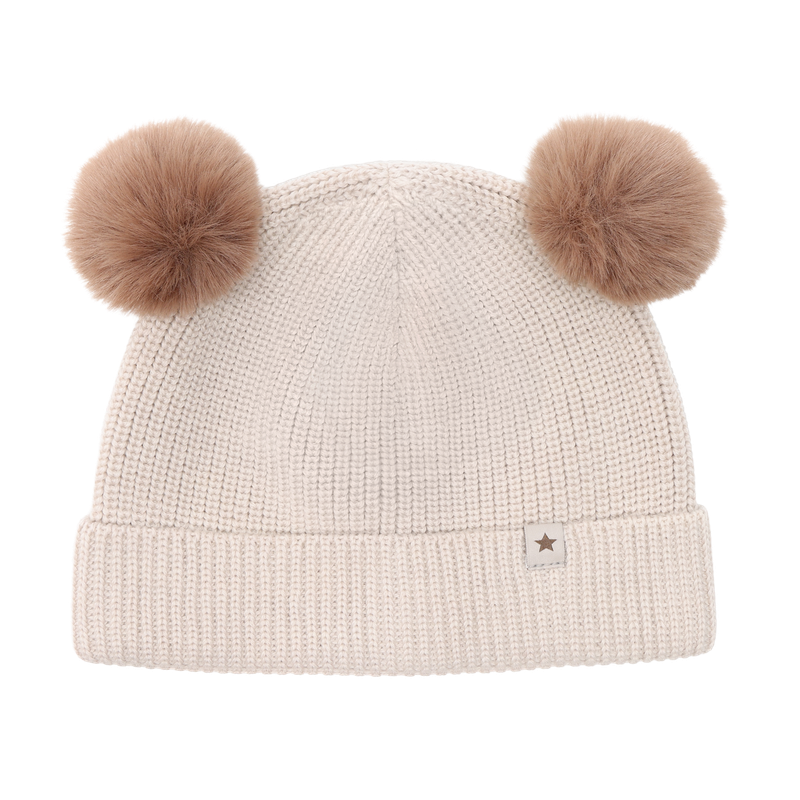 Berrettino in Lana Merino Extra Fine con Doppio Pompom – Sand Melange