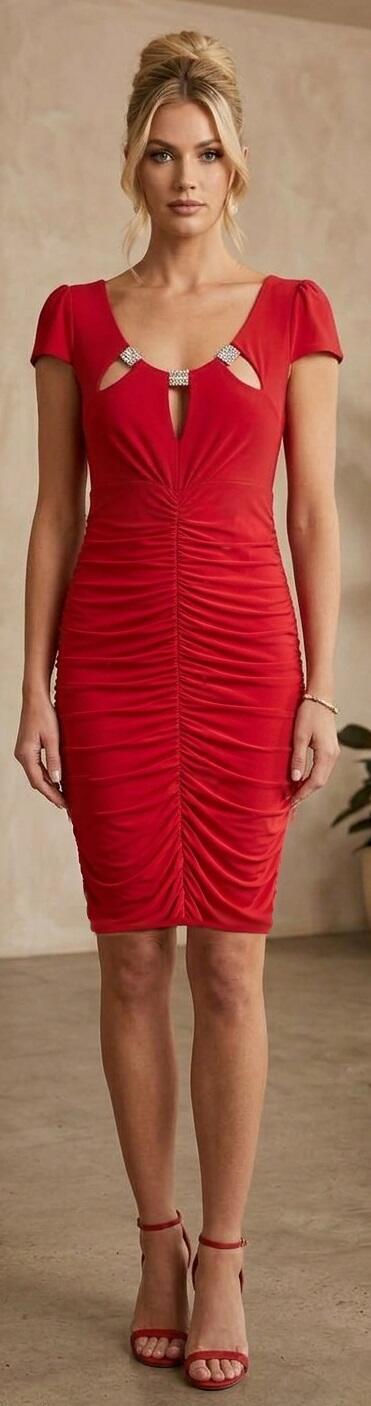 1066 Red ruched stretch jersey sheath dress with rhinestones