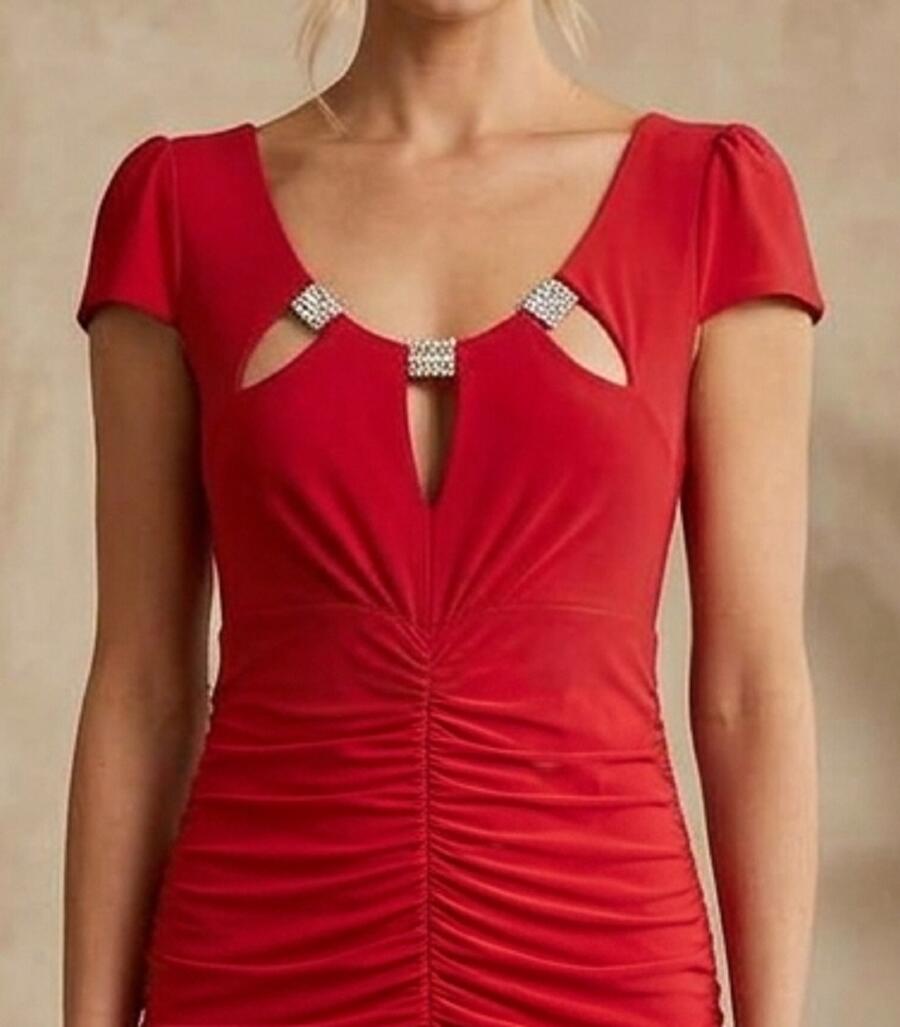 1066 Red ruched stretch jersey sheath dress with rhinestones