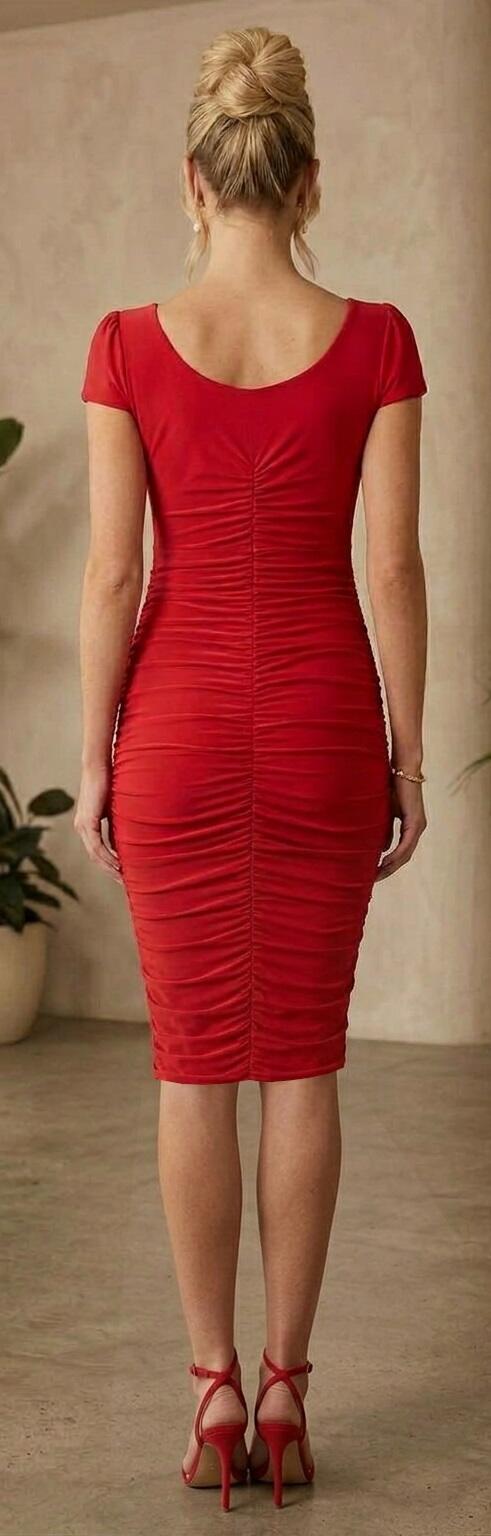 1066 Red ruched stretch jersey sheath dress with rhinestones