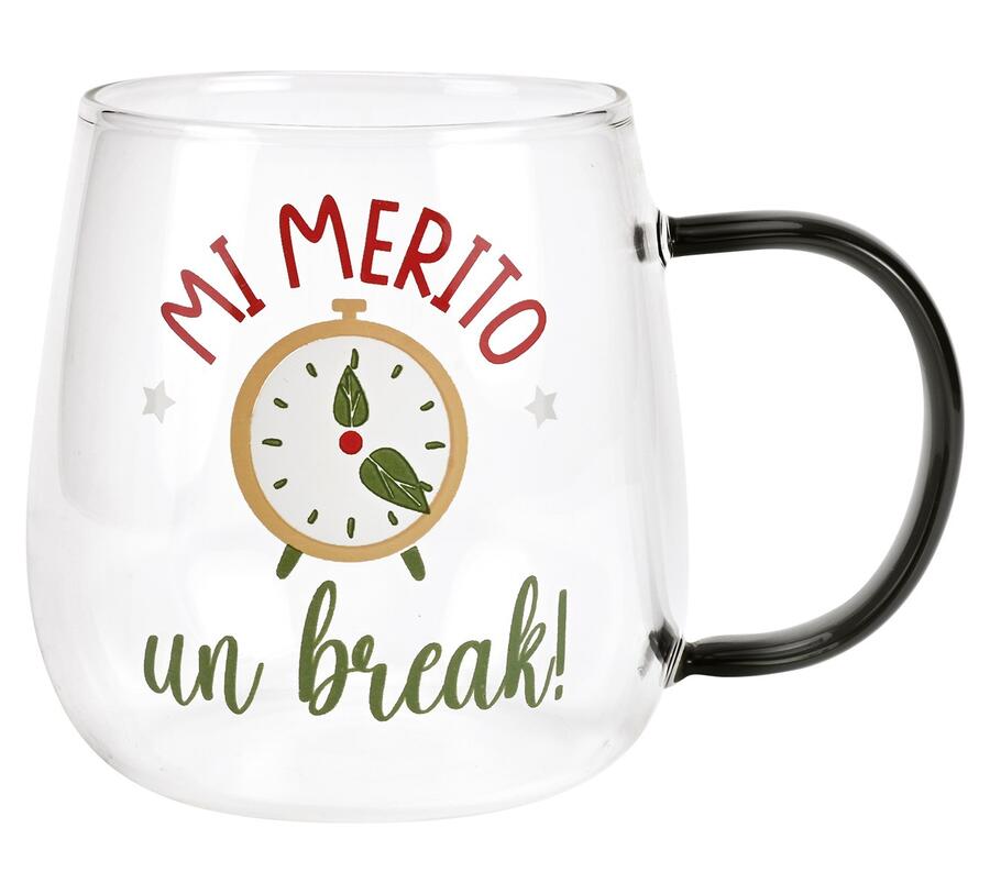 Wald Tazza Colazione in Vetro Borosilicato "Mi merito un break!" 50 cl — Relax, con Biscotti