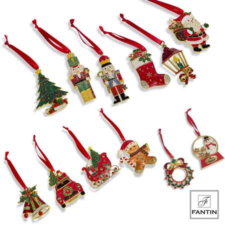 Fantin Argenti Addobbi Natalizi Mix Green-Red-Gold con Strass, 8-10 cm — Set 12 Soggetti in Metallo