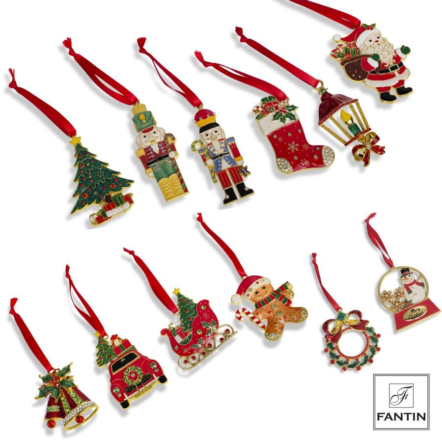 Fantin Argenti Addobbi Natalizi Mix Green-Red-Gold con Strass, 8-10 cm — Set 12 Soggetti in Metallo