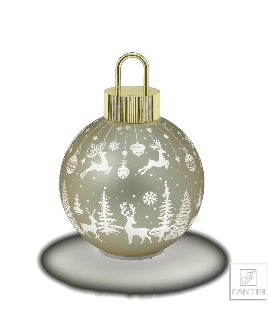 Fantin Argenti Pallina di Natale Oro in Vetro con LED e Movimento, Decoro Renne e Alberi Bianco