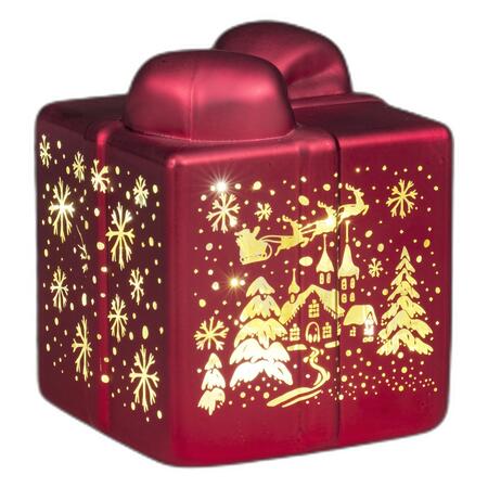 Fantin Argenti Pacco di Natale Rosso in Vetro con LED, Decoro Villaggio Innevato e Renne Oro