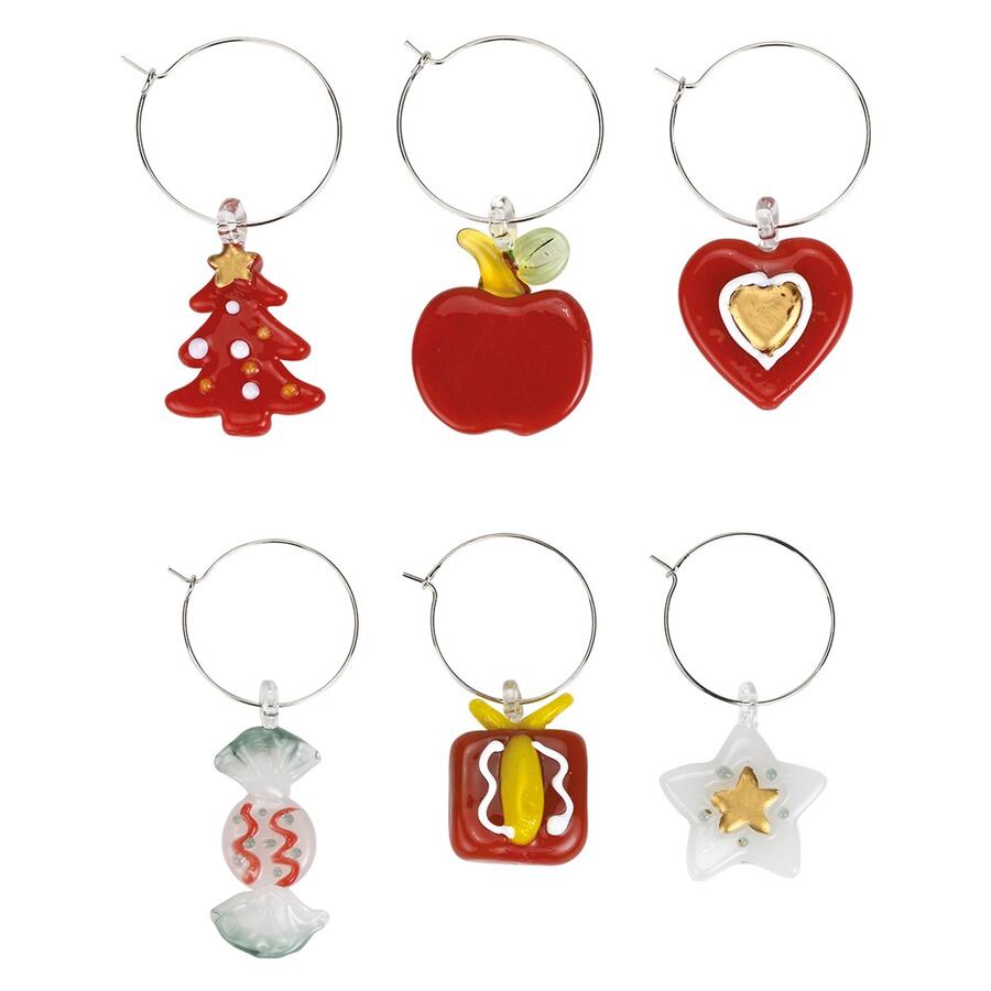 Wald Set 6 Segnabicchieri in Vetro Natalizi — colore rosso/bianco, gift box