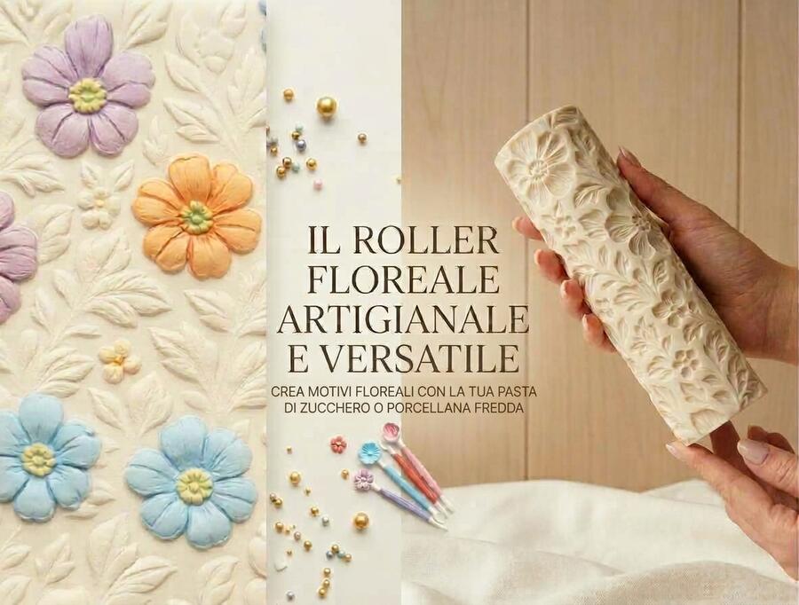 Kit Roller Floreale h 15cm + 2 Basi in Polistirolo Professionali (Ø 20 e 15 cm) – Set Completo per Cake Design e Porcellana Fredda