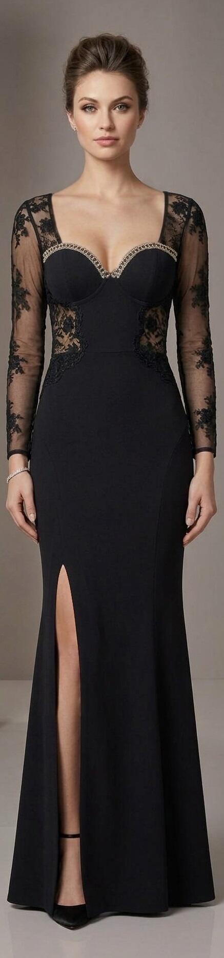 1068 Abito lungo in lycra elastica con pizzo strass e schiena scollata in trasparenza