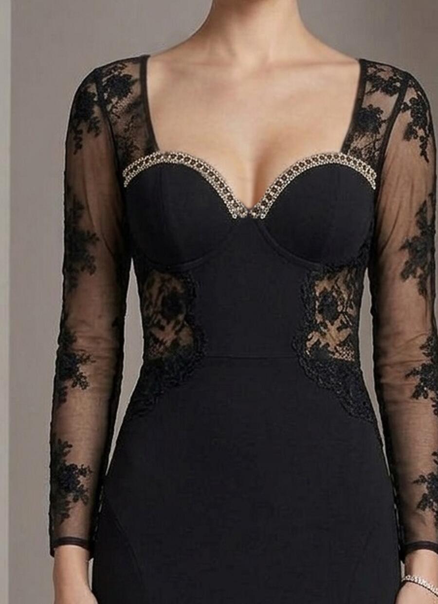 1068 Abito lungo in lycra elastica con pizzo strass e schiena scollata in trasparenza