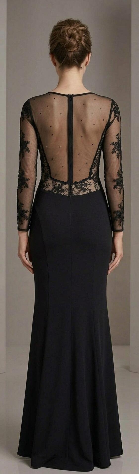 1068 Abito lungo in lycra elastica con pizzo strass e schiena scollata in trasparenza