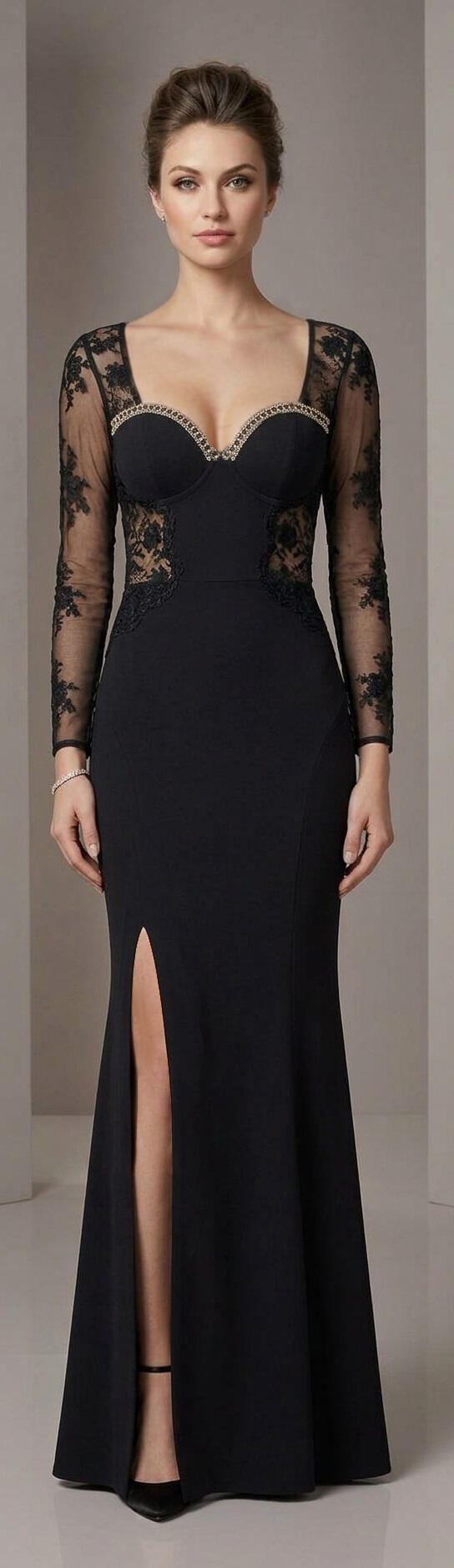 1068 Abito lungo in lycra elastica con pizzo strass e schiena scollata in trasparenza