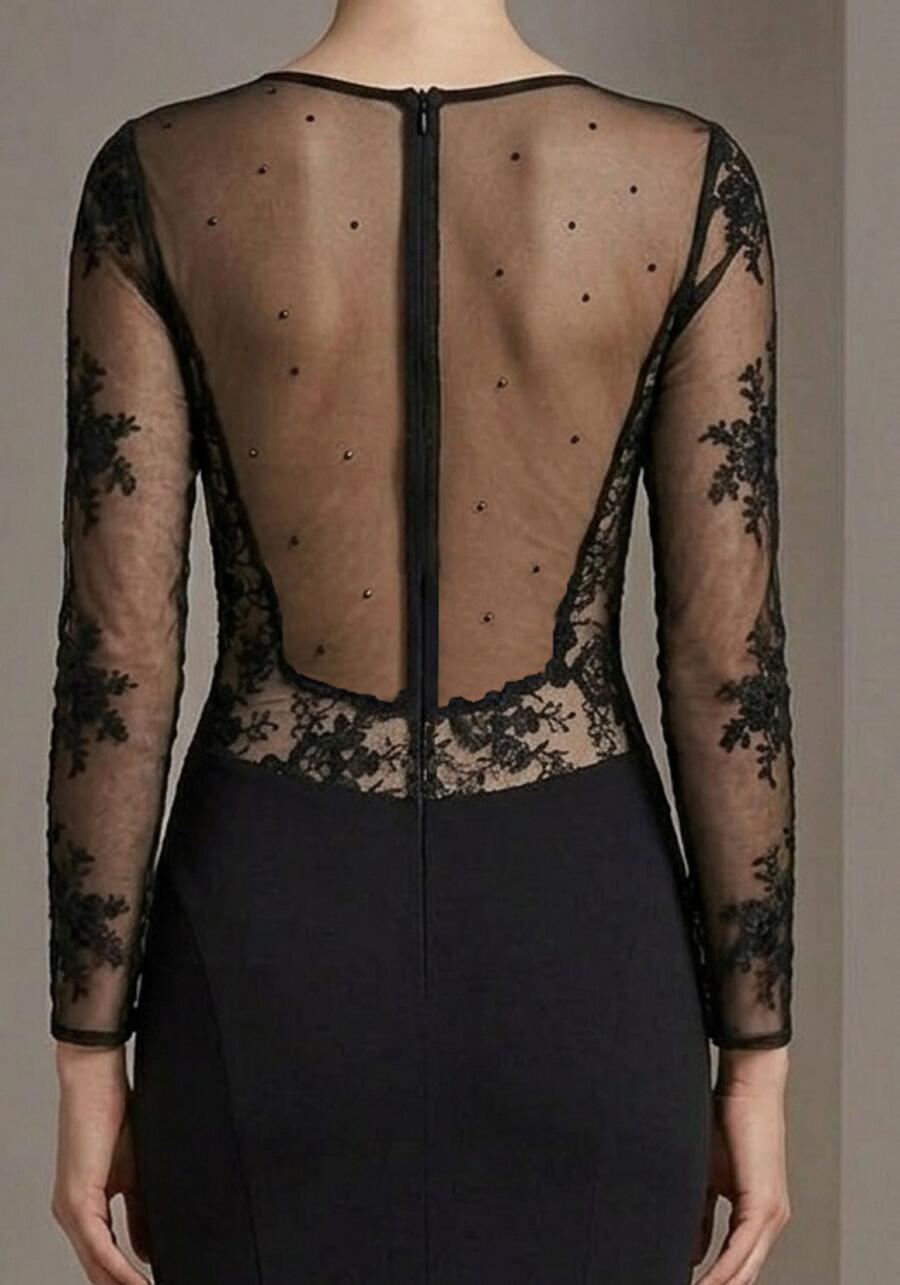 1068 Abito lungo in lycra elastica con pizzo strass e schiena scollata in trasparenza
