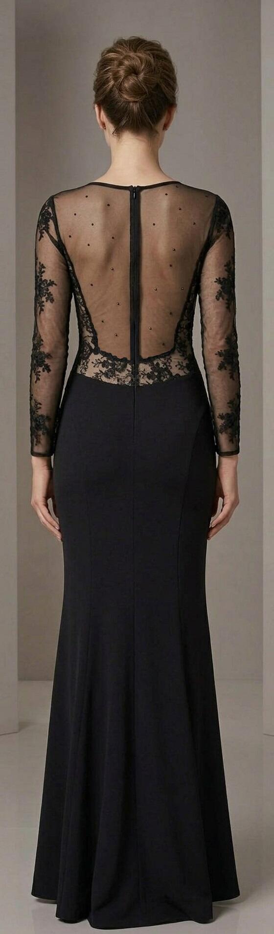 1068 Abito lungo in lycra elastica con pizzo strass e schiena scollata in trasparenza