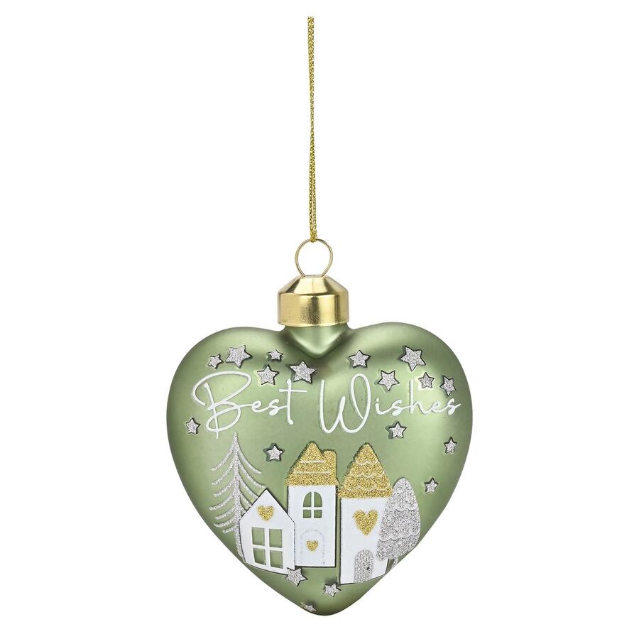 Wald Addobbo in Vetro Cuore “Best Wishes” 8x3,5x8 cm — Villaggio Innevato