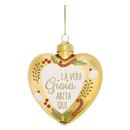 Wald Addobbo in Vetro Cuore “La Vera Gioia Abita Qui” 10x4x10 cm — Oro e Agrifoglio