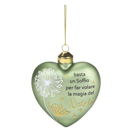 Wald Addobbo in Vetro Cuore “Basta un Soffio” 10x4x10 cm — Verde Salvia e Soffione