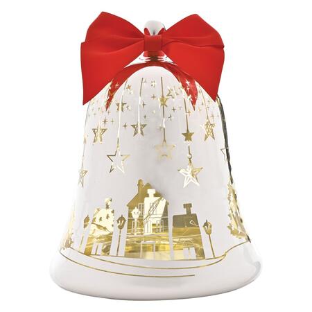 Wald Campana in Vetro con LED Ø13x15,5 cm — Argento Lucido, Villaggio Dorato e Fiocco Rosso