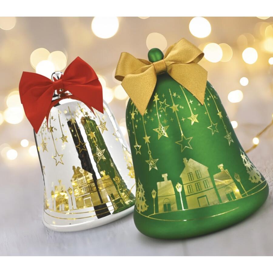 Wald Campana in Vetro con LED Ø13x15,5 cm — Argento Lucido, Villaggio Dorato e Fiocco Rosso