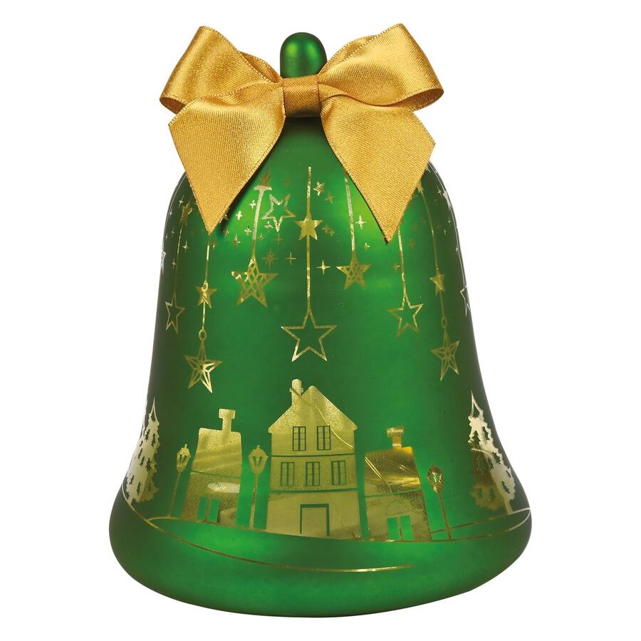 Wald Campana in Vetro con LED Ø13x15,5 cm — Verde, Villaggio Dorato e Fiocco Oro