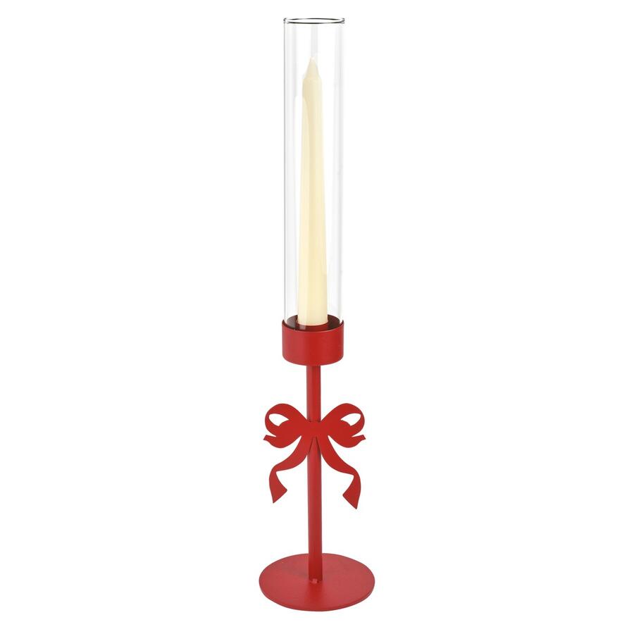 Wald Candeliere in Metallo con Stelo “Fiocco” Rosso 20 cm — con Candela e Paralume in Vetro