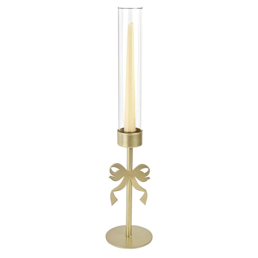 Wald Candeliere in Metallo con Stelo “Fiocco” Oro 20 cm — con Candela e Paralume in Vetro