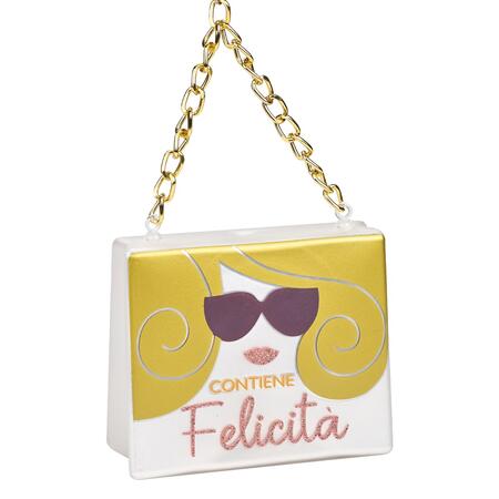 Wald Addobbo in Vetro Borsina “Felicità” 9x3,5x7,5 cm — Bianco e Oro con Catena