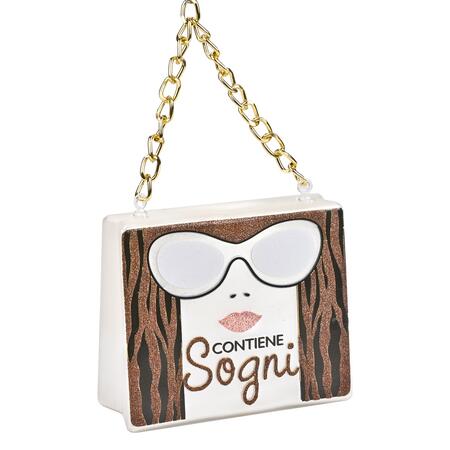 Wald Addobbo in Vetro Borsina “Sogni” 9x3,5x7,5 cm — Bianco e Animalier con Catena