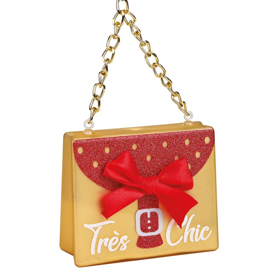 Wald Addobbo in Vetro Borsina “Très Chic” 9x3,5x7,5 cm — Oro e Fiocco Rosso