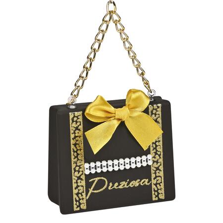 Wald Addobbo in Vetro Borsina “Preziosa” 9x3,5x7,5 cm — Nera con Fiocco Oro e Perline
