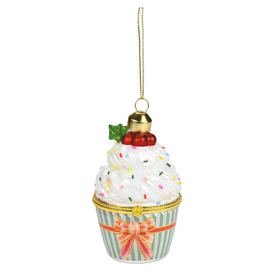Wald Addobbo in Vetro “Pasticcino Fiocco” — scatolina Ø6,2x8,8h cm con cerniera e biglietto auguri