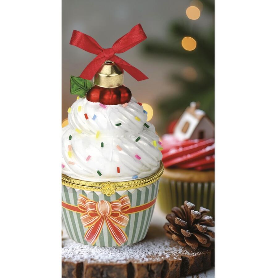 Wald Addobbo in Vetro “Pasticcino Fiocco” — scatolina Ø6,2x8,8h cm con cerniera e biglietto auguri