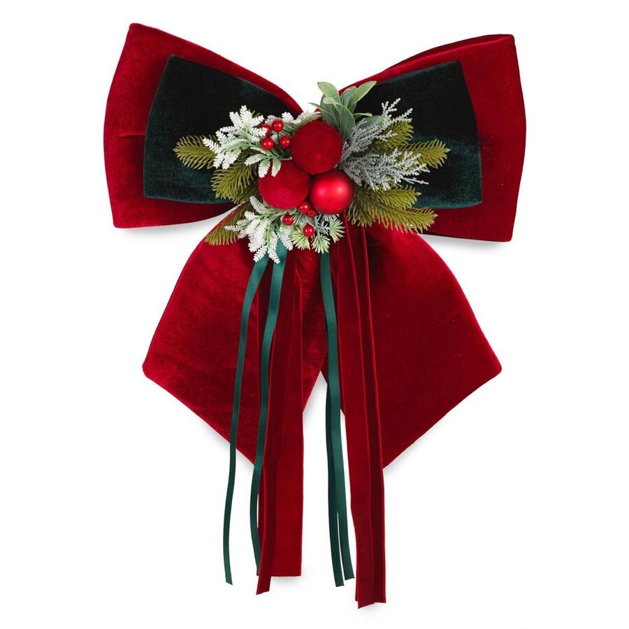 Henriette Doppio Fiocco “Royal X’mas Bow” in velluto rosso con pigne e bacche — 35x40 cm