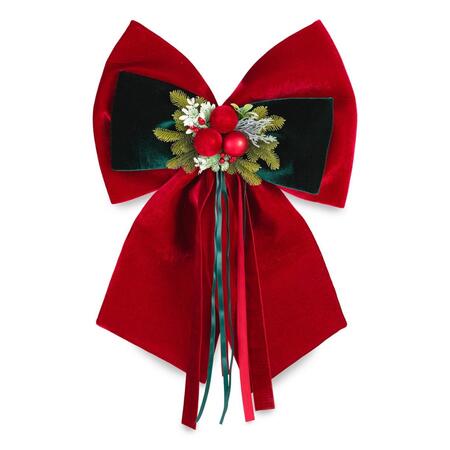 Henriette Doppio Fiocco “Royal X’mas Bow” in velluto rosso con pigne e bacche — 50x70 cm