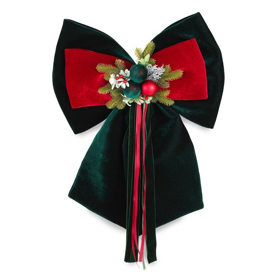 Henriette Doppio Fiocco “Royal X’mas Bow” in velluto verde con pigne e bacche — 50x70 cm
