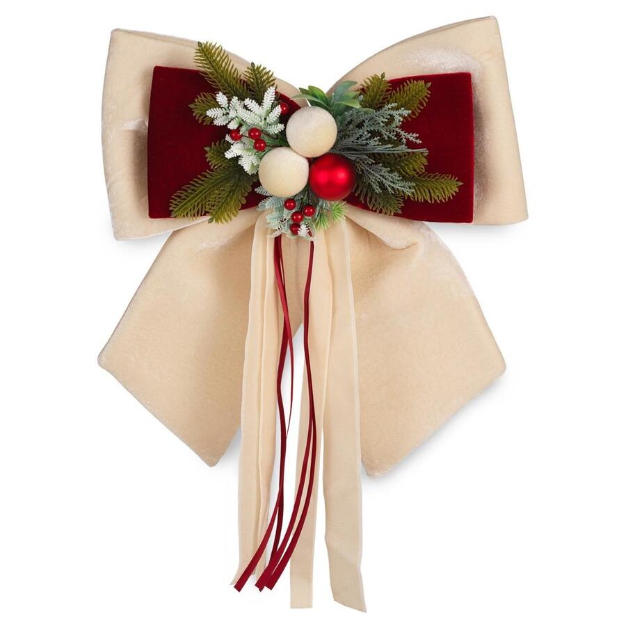 Henriette Doppio Fiocco “Royal X’mas Bow” in velluto panna con pigne e bacche — 35x40 cm