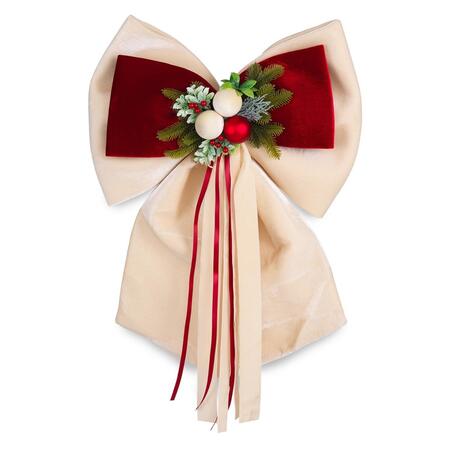 Henriette Doppio Fiocco “Royal X’mas Bow” in velluto panna con pigne e bacche — 50x70 cm