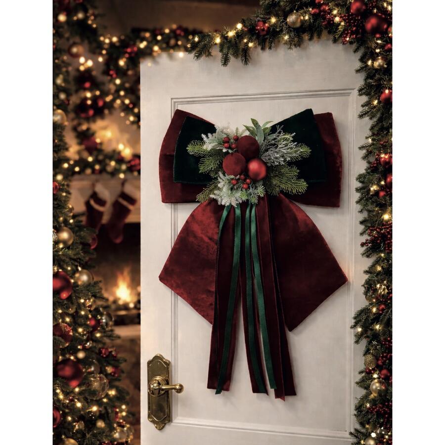 Henriette Doppio Fiocco “Royal X’mas Bow” in velluto rosso con pigne e bacche — 35x40 cm