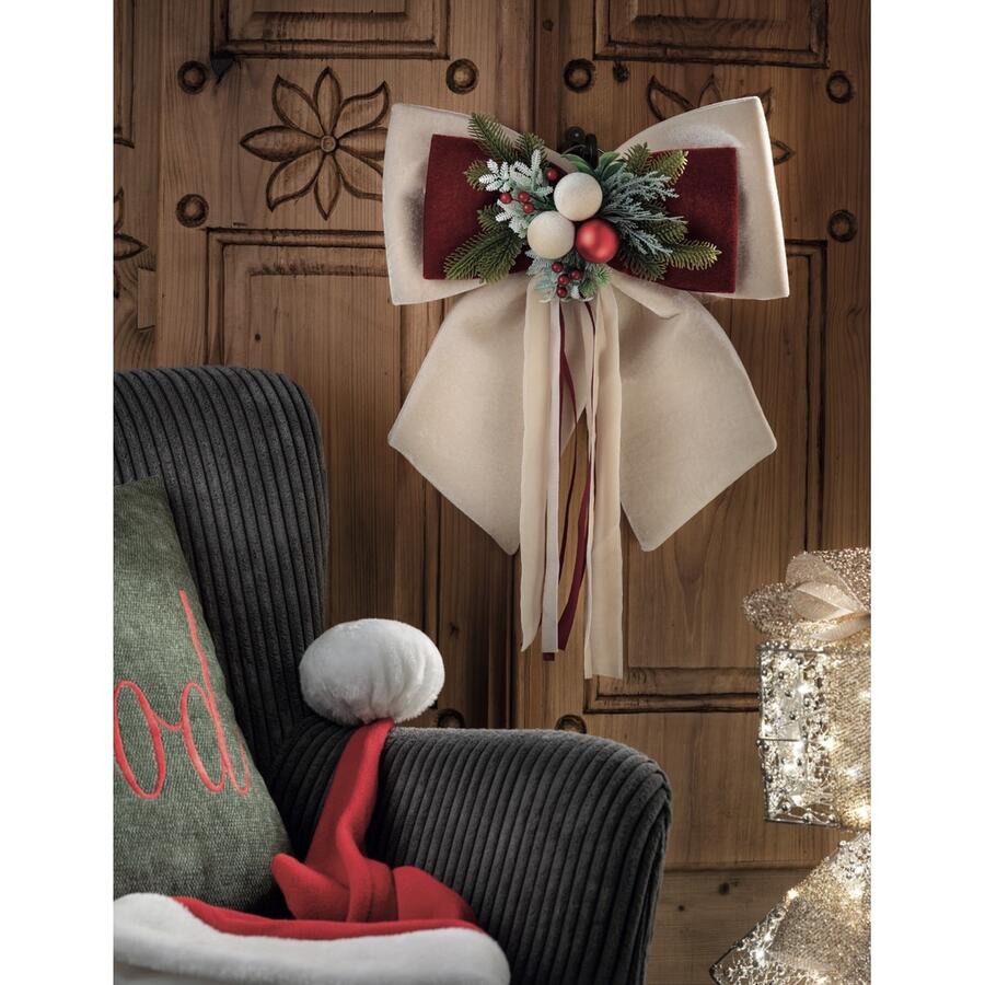 Henriette Doppio Fiocco “Royal X’mas Bow” in velluto panna con pigne e bacche — 50x70 cm