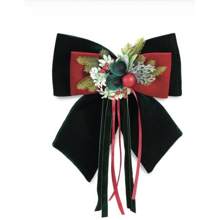 Henriette Doppio Fiocco “Royal X’mas Bow” in velluto verde con pigne e bacche — 35x40 cm