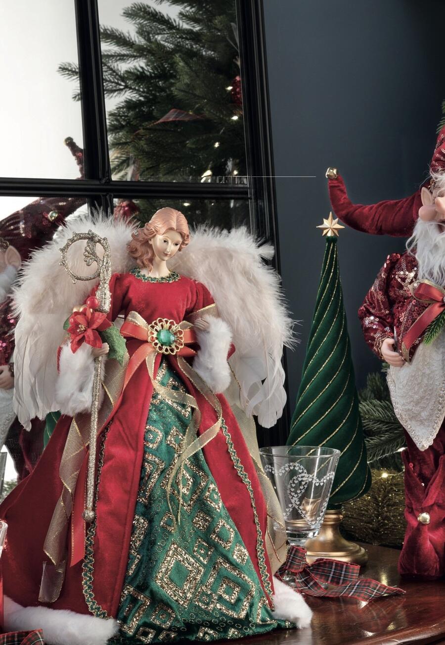 Henriette Angelo Natalizio Rosso e Verde con Bastone e Poinsettia H.40 cm – Santa Collection