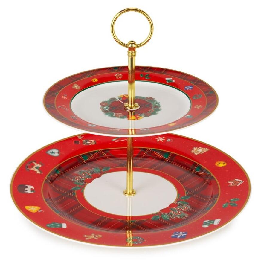 Henriette Alzata 2 Piani in Porcellana Tartan ø27 cm H.24 cm – Collezione Maison Noël